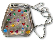 Vintage 80s 90s Silver Leather Jeweled Chain-Handle Crossbody Bag