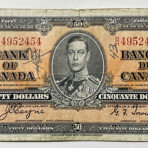 1937 Bank Of Canada $50, Coyne/Towers.  BC-26c. ~VF Condition, Pen Marks. MB-451 - Afbeelding 3 van 6