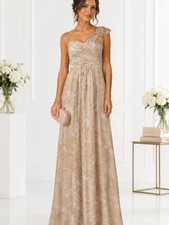 Adrianna Papell Gown Sz 4 Champagne One Shoulder Floral Print Chiffon Prom