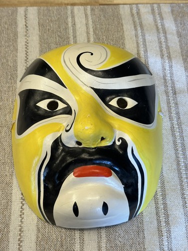 Authentic Chinese Paper Mache Hand Painted Yellow Peking Opera Style Mask