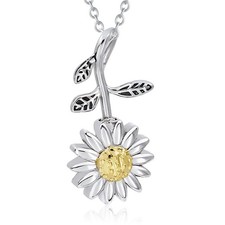 3D Sunflower Cremation Necklace with Stem  Leaves - Stainless Steel Urn Pend...