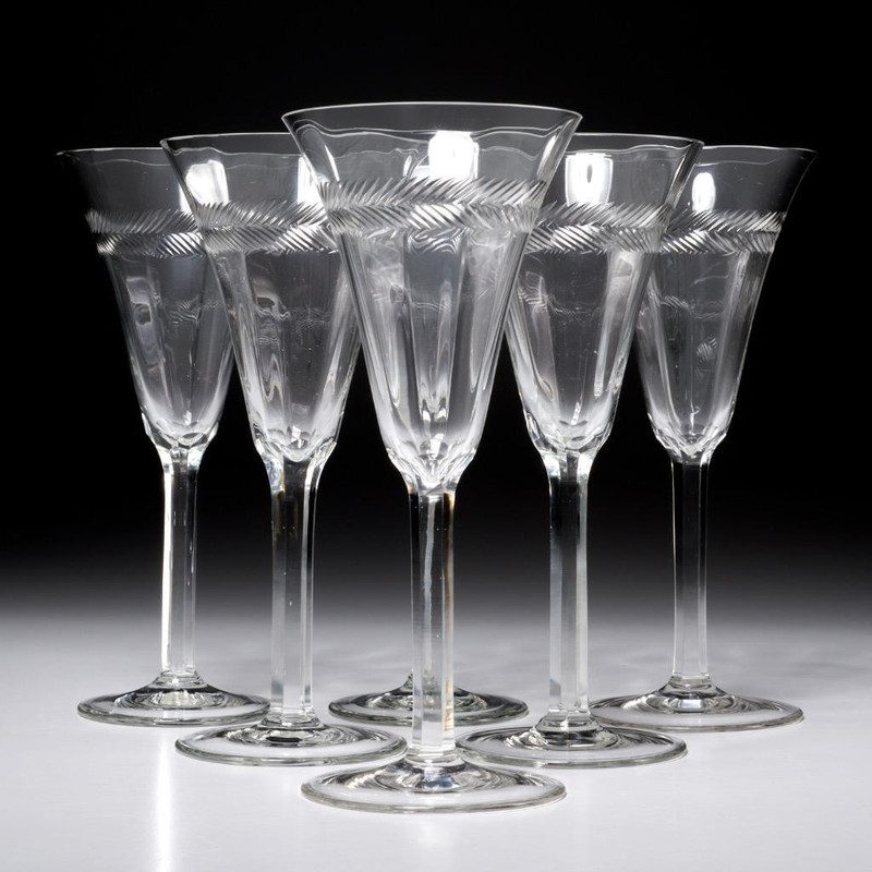 Vtg Etched Crystal Leaf Border Flared Optic Red Wine Glass 6pc Lot 7.75"h