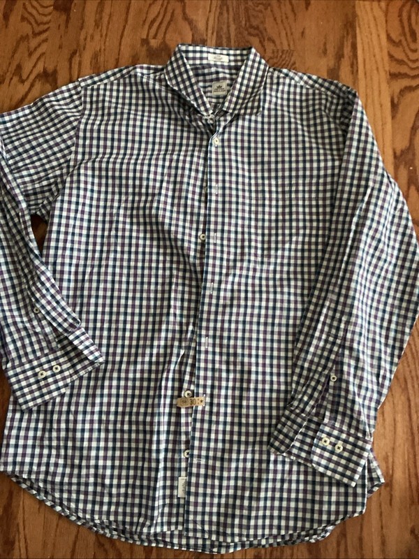 Peter Millar Gingham Check Dress Shirt Mens Large Purple Blue White Cotton