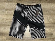 NWT Hurley Board shorts Men's 28 White Black Striped Bermuda Swim Trunks Stretch