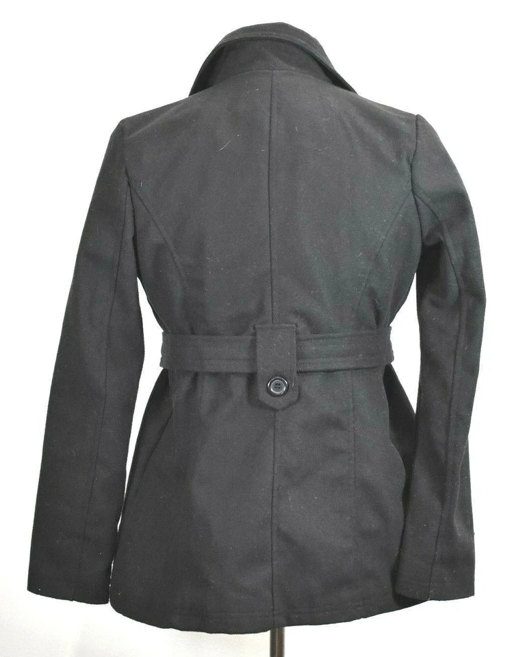 Jou Jou Womens Black Notch Lapel Casual Open Front Belted Peacoat Jacket L - Image 2 of 4