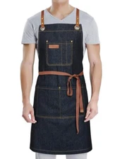 Black Denim Apron With Pockets For Women Men For Chef Kitchen Cooking Hairstylis