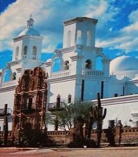 Tarjeta de felicitación vintage, TUSCON, AZ, 1990, frente de la misión de San Xavier con carta