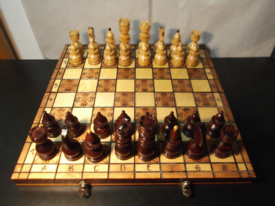handgeschnitztes Schachspiel mit Holzfiguren, komplett, vintage, chess