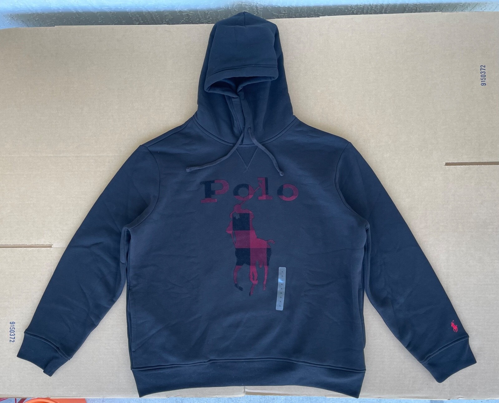 Polo Ralph Lauren Uomo XL Plaid Big Pony Fleece Pullover Felpa con Cappuccio Nero