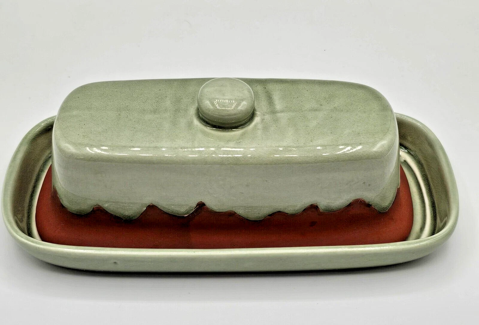 Butter Dish Celadon Green Ceramic with Terracotta Covered Large 9"x 4"x 2"
