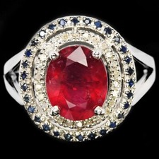 925 STERLING SILVER RING BLOOD RED RUBY OVAL BLUE SAPPHIRE GEMSTONE SIZE 7.25