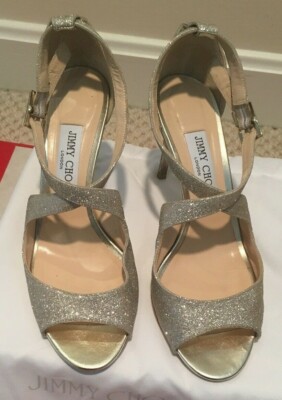 Authentic Jimmy Choo Emily 85 PLATINUM ICE DUSTY GLITTER Size 39