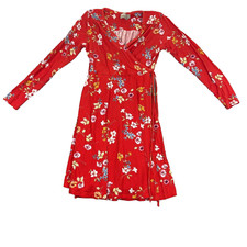 ASOS Dress Womens 2 Midi Fit & Flare Wrap Red Floral Long Sleeve V Neck