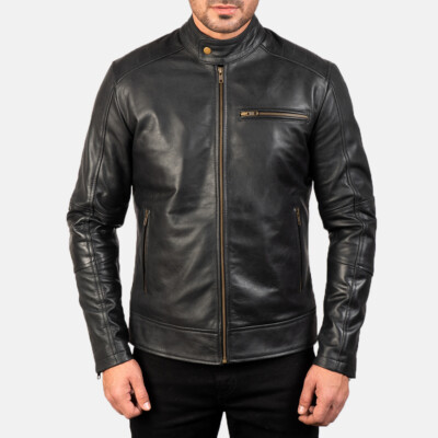 Mens Cafe Racer Leather Jacket Pure Black Lambskin Size XS S M L XL XXL 3XL 4XL