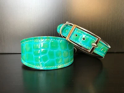 HERITAGE DOG COLLARS SMALL Leather Dog Collar LINED Greyhound Whippet GREEN/BLUE REPTILE PATTERN