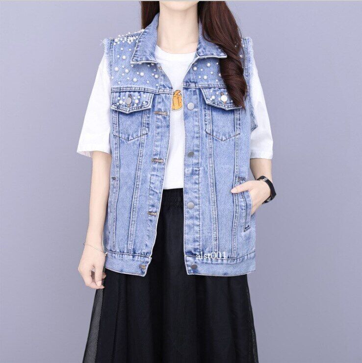 Pearl Beaded Short Denim Jacket for Women – Loose Fit Jean Coat –