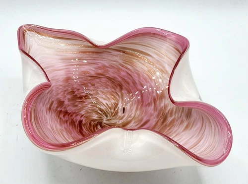 VTG Murano Art Glass Deep Pink Lily/Rose Micro Glitter Aventurine Bowl 8.5"
