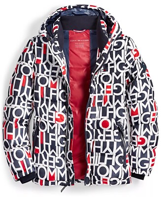 Tommy Hilfiger Men's Quilted Puffer Hooded Puffer Jacket  NAVY/RED ALL OVER LOGO
