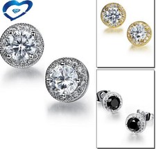 Women Sterling Silver Post Cubic Zirconia Stone 8mm Round Stud Earrings gift Box