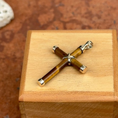 14KT Yellow Gold Tiger's Eye Brown Gemstone Detailed Cross Pendant Charm 36mm - Picture 4 of 7