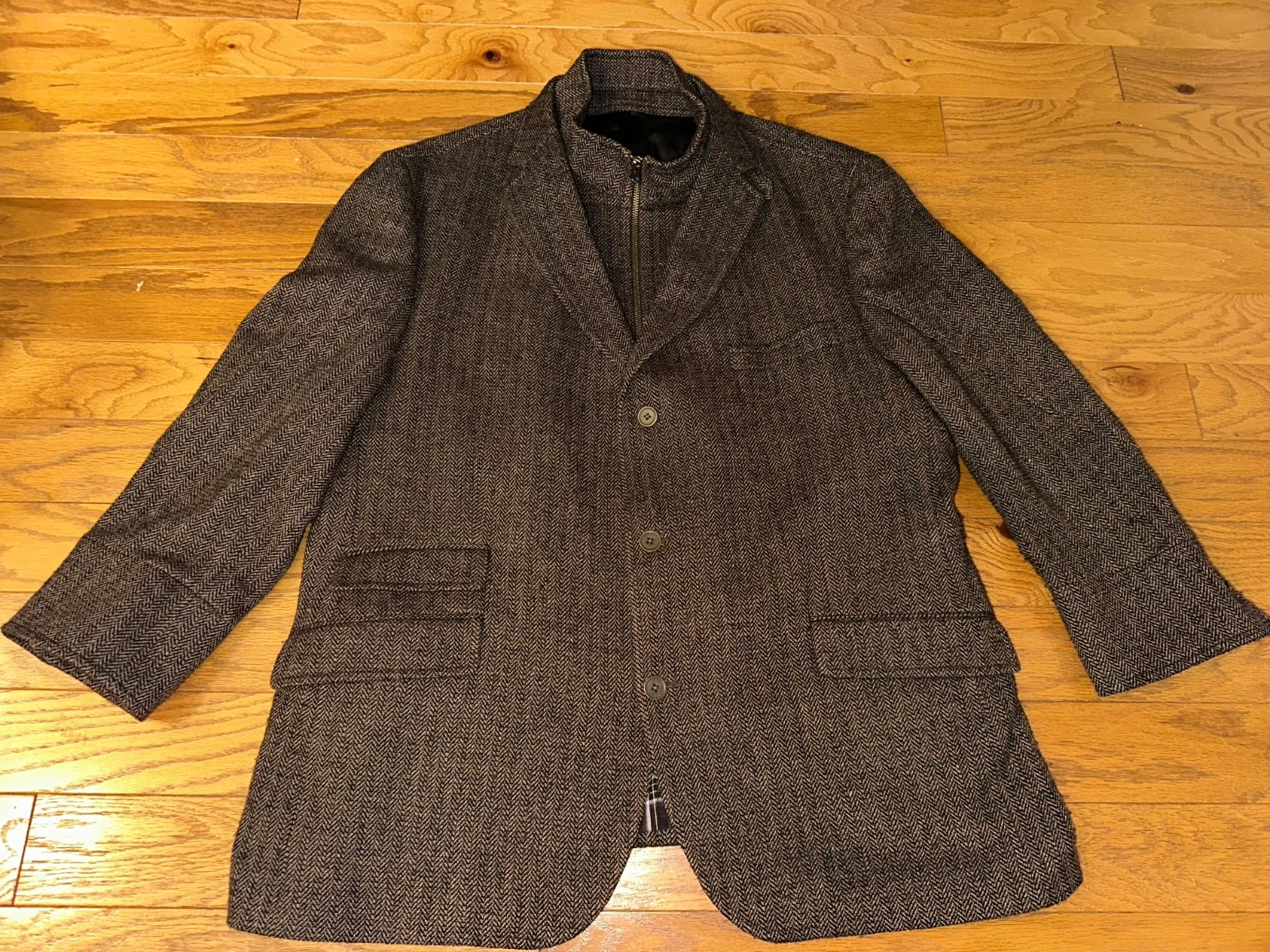 FLYNT Rizzo Herringbone Tweed Brown Jacket Mens Wool Cashmere Zip-in Collar 48 R