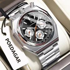 42MM POEDAGAR Men's Quartz Watch Luxury Stainless 30M Waterproof Luminous NEW