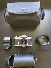 Vintage Chinon CS 35mm SLR Camera Bundle - 2 Lenses, Flash Bag - TESTED WORKS