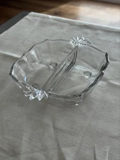 Vintage Clear Glass Divided Relish Dish – 2 Section Tray Fan Handles + Hex Feet