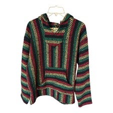 Baja Hoodie Mexican Drug Rug Pullover Hoodie Sz M Woven Hippie Festival RAINBOW