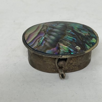 Vintage Mexico Alpaca Silver Abalone Shell Inlay Oval Pill Box Trinket Case