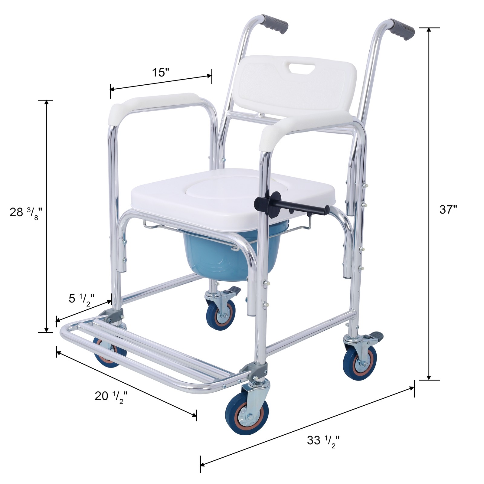 4in1 Bedside Commode Chair Transport Shower Toilet Rolling Wheelchair w/4 Caster