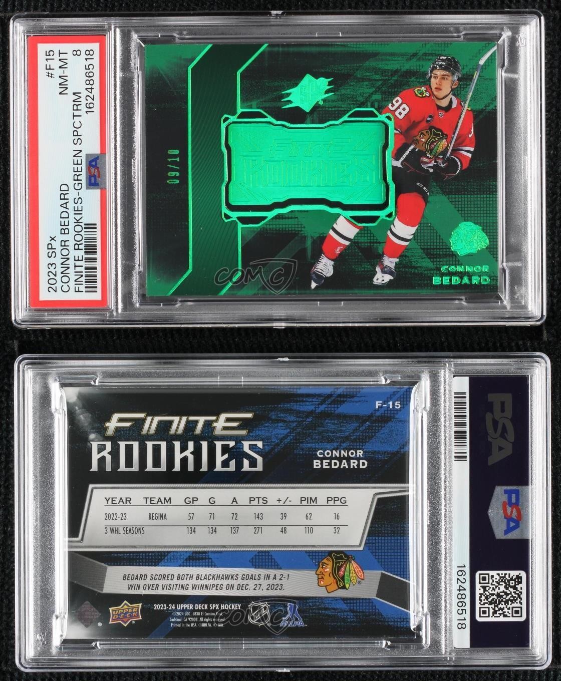 2023-24 SPx Finite Rookies Green Spectrum 9/10 Connor Bedard #F-15 PSA 8 RC view 3