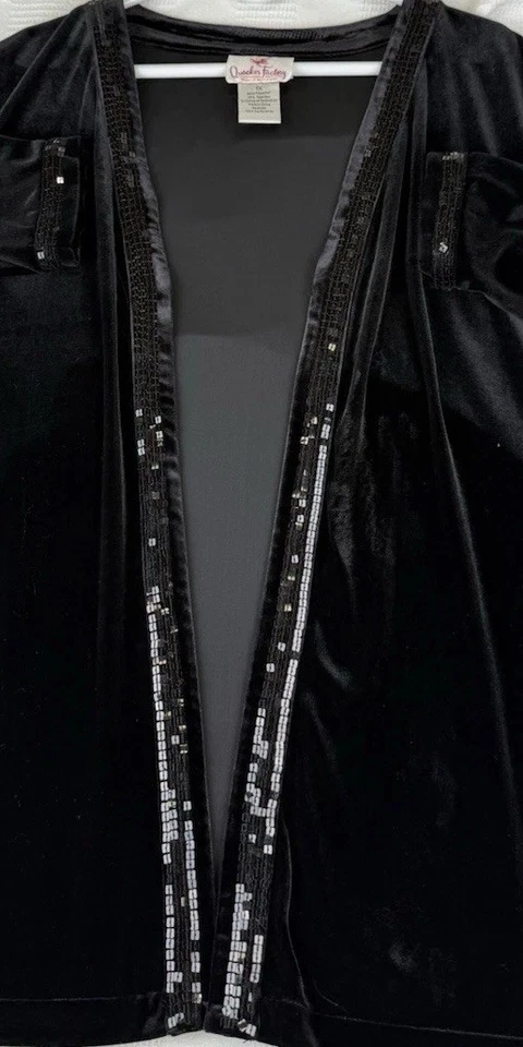 Women's Black Stretch Velvet Sequin Enbellished Long Cardigan 1X Quaker Factory - Image 2 of 4