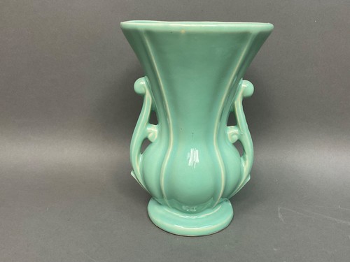 Jarrón de colección McCoy verde turquesa doble mango acanalado 8" estilo Art Deco