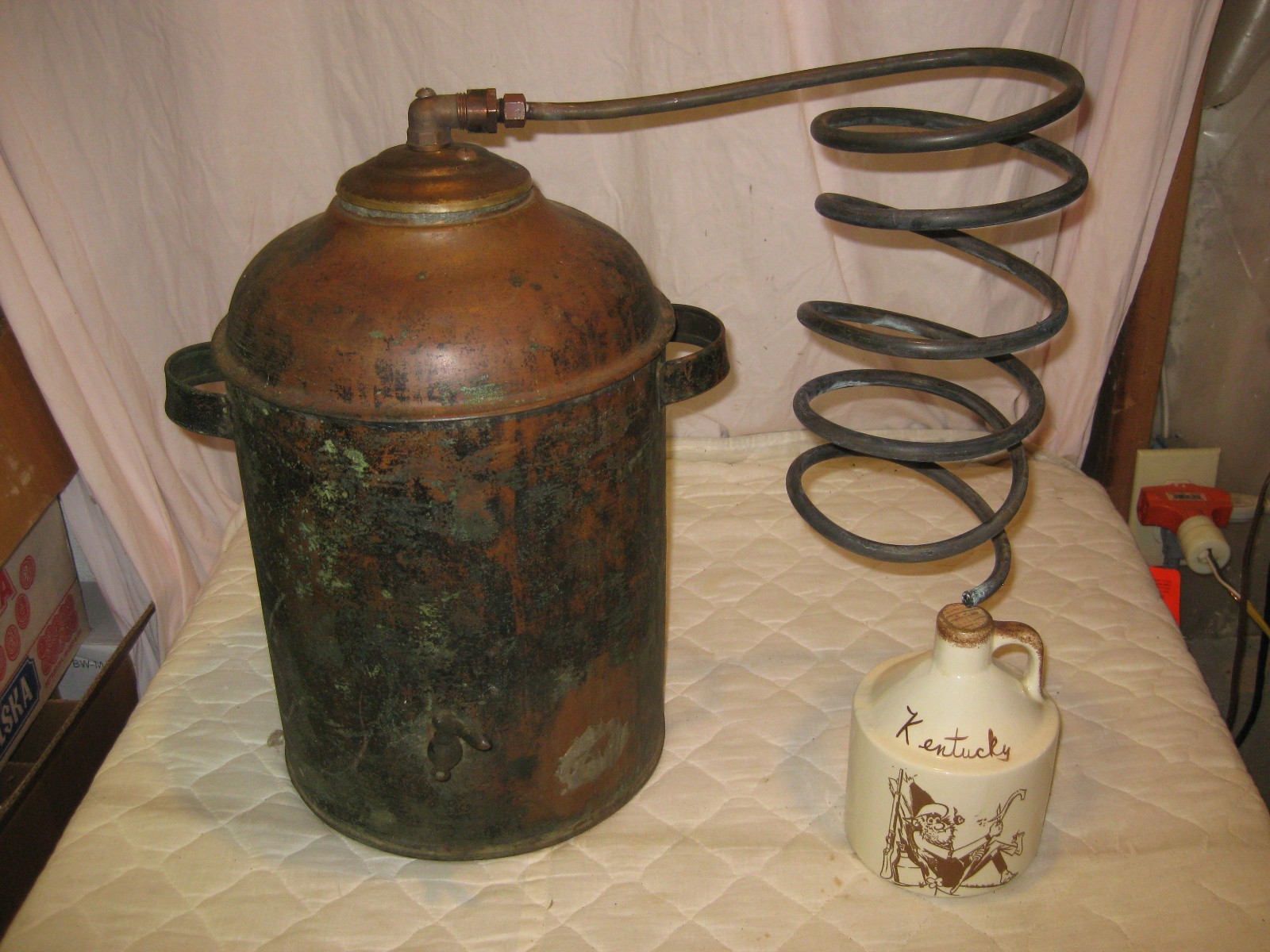 NICE Antique Copper 5 Gallon Moonshine Still w/Coil + Kentucky Moonshine JUG !!!