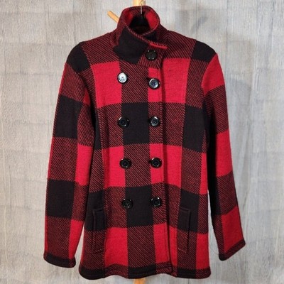 Keren Hart Medium $118 100% Wool Red Black Buffalo Plaid Double Breasted Peacoat
