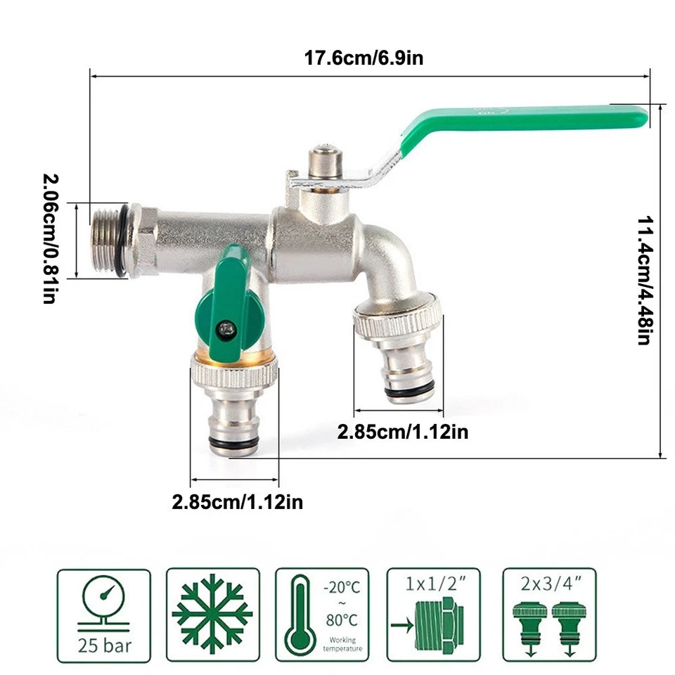 Garten Doppel Wasserhahn 1/2, 3/4 Zoll Anschluss Kugelhahn Messing Auslaufhahn - Bild 2 von 4
