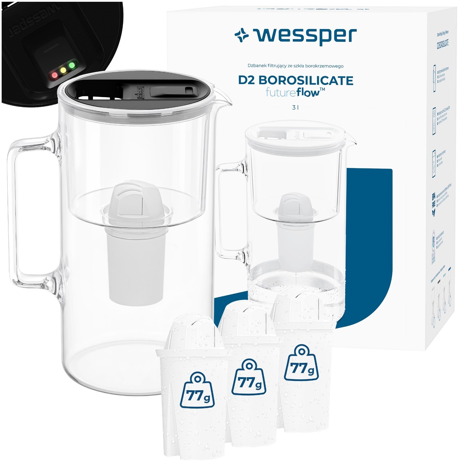 Wessper glass water filter jug, black, 3L, with LED filter change indicator...