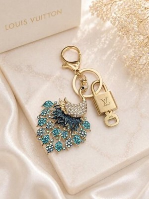 LV Gold Padlock Authentic   Luxury Bag Charm w/ Unbranded Peacock Keychain