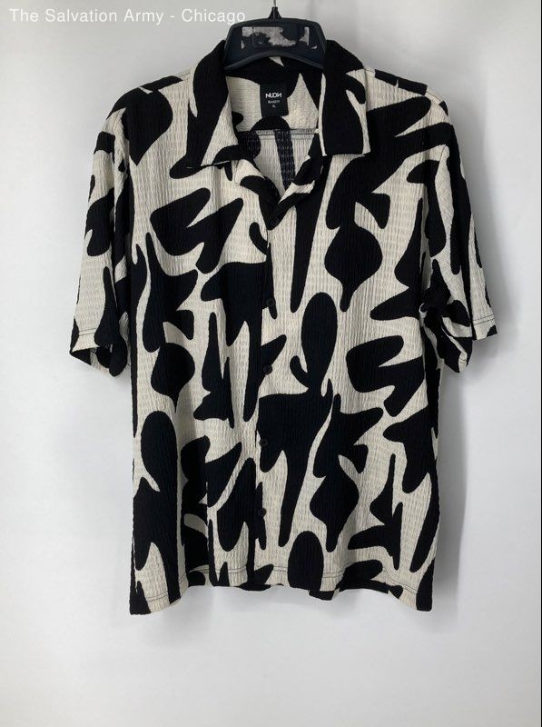 Nuon Mens Black White Short Sleeve Relaxed Fit Collared Button-Up Shirt Size XL
