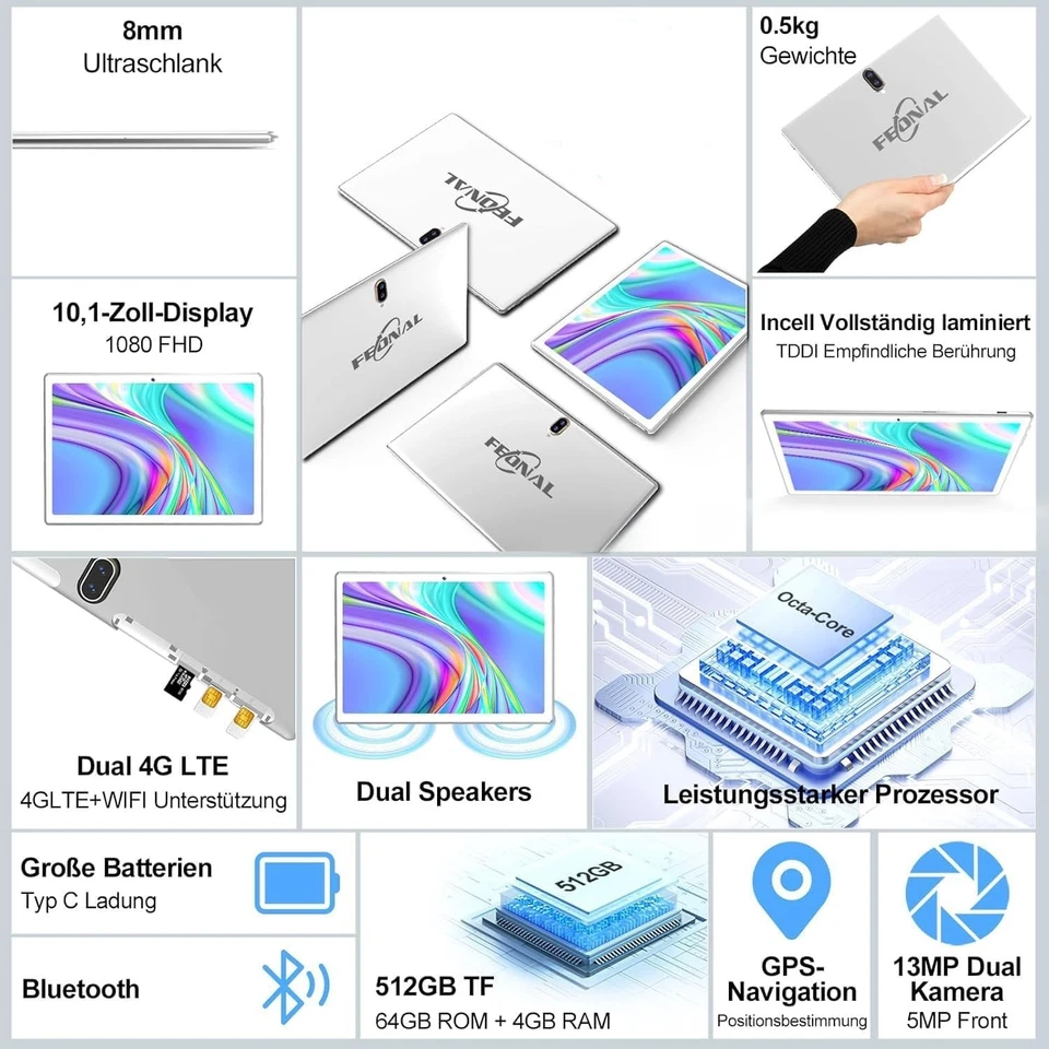 2025 Neueste Tablet 10 Zoll, 4G LTE Tablets Mit 2 SIM 1 SD, 3-in-1 Android Ta... - Bild 3 von 4