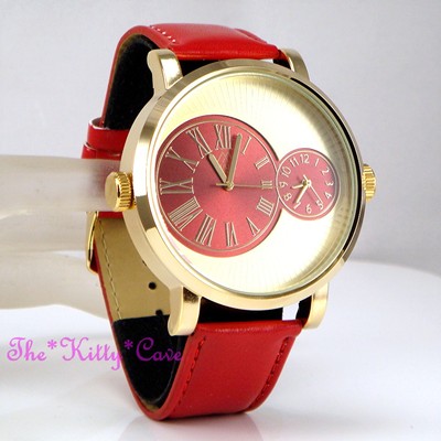 Designer Gold & Rot Leder Dual Time 2 Twin Zone Doppelzifferblatt große Sunray Uhr
