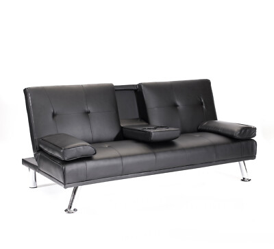 Faux Leather Folding Sofa Bed With Cup Holders Cinema Style UK