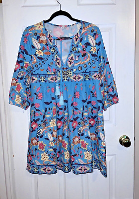 Floral Print Aqua Blue 3/4 Sleeve Empire Waist Boho Dress Sz M
