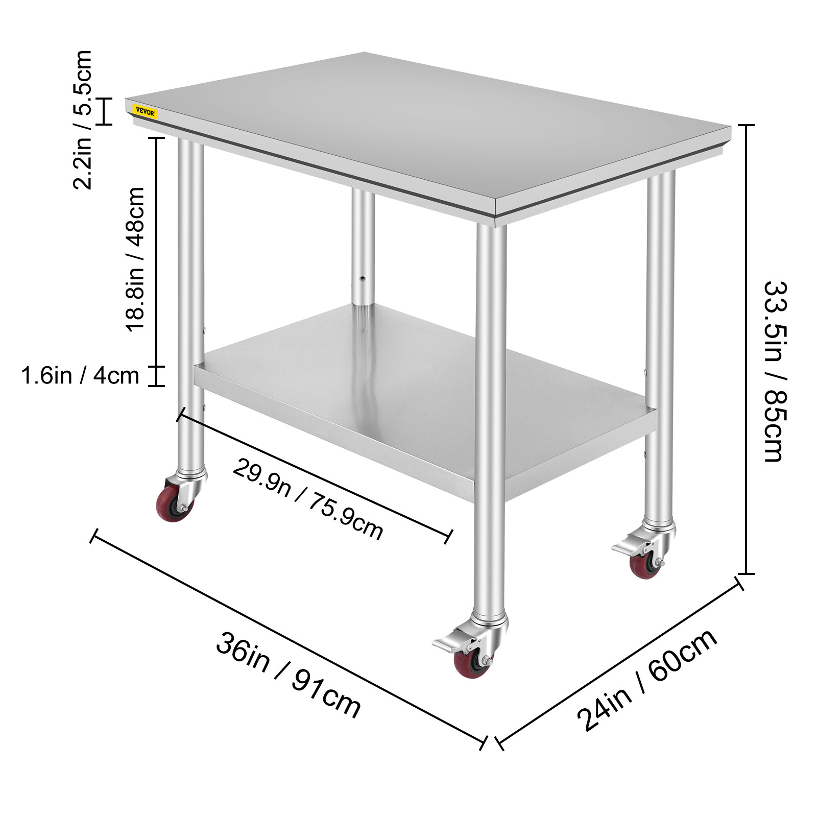 VEVOR 900x600mm Stainless Steel Kitchen Bench Food Prep Work Table w Wheels eBay