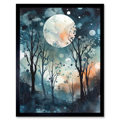 Full Moon Winter Forest Landscape Snowfall Night Framed Art Picture Print 12x16