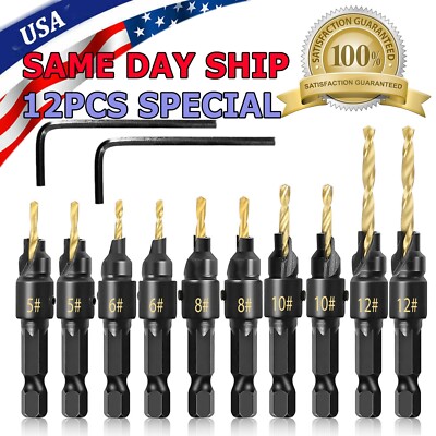 12x HSS Countersink Drill Bit 1/4'' Hex Shank Woodworking Pilot Screw Hole Set