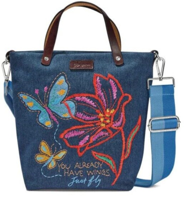 NWTag Brighton  PETAL WINGS Butterflies Embroidered Denim Messenger Bag MSRP$165