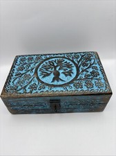 Tree Of Life Wooden Jewelry Trinket Box Blue Made In India