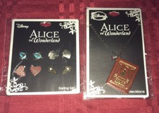 Disney Alice in Wonderland Necklace  4 Pair Earrings set NEW